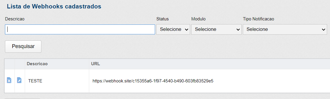 Lista de WebHooks cadastrados