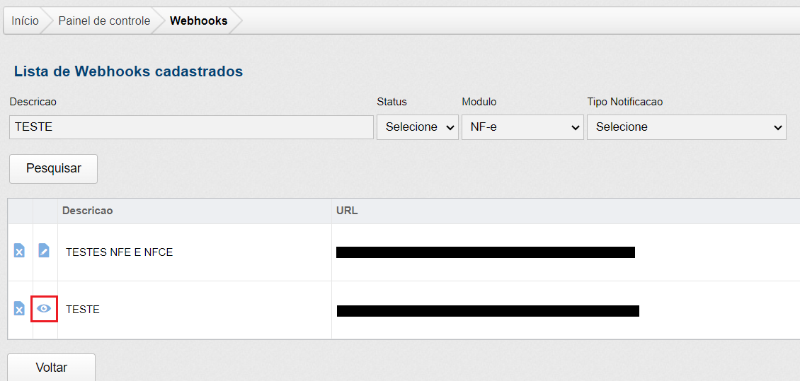 Lista de WebHooks cadastrados