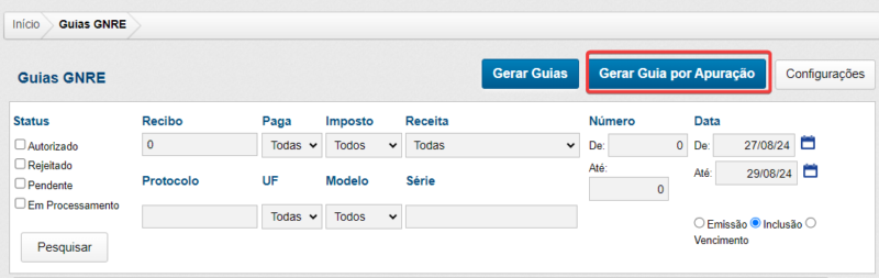 Gerar guia por apuração