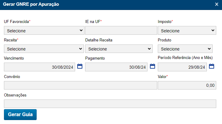 Dados para gerar guia por apuração