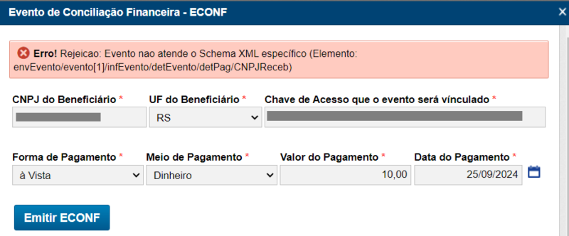 Emissão do ECONF rejeitada