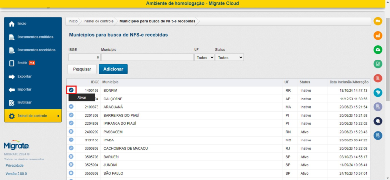 Tela com os municípios já cadastrados, para ativação ou desativação da consulta automática.