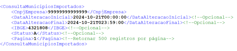 Estrutura do XML para consulta de municípios já cadastrados via WebService.